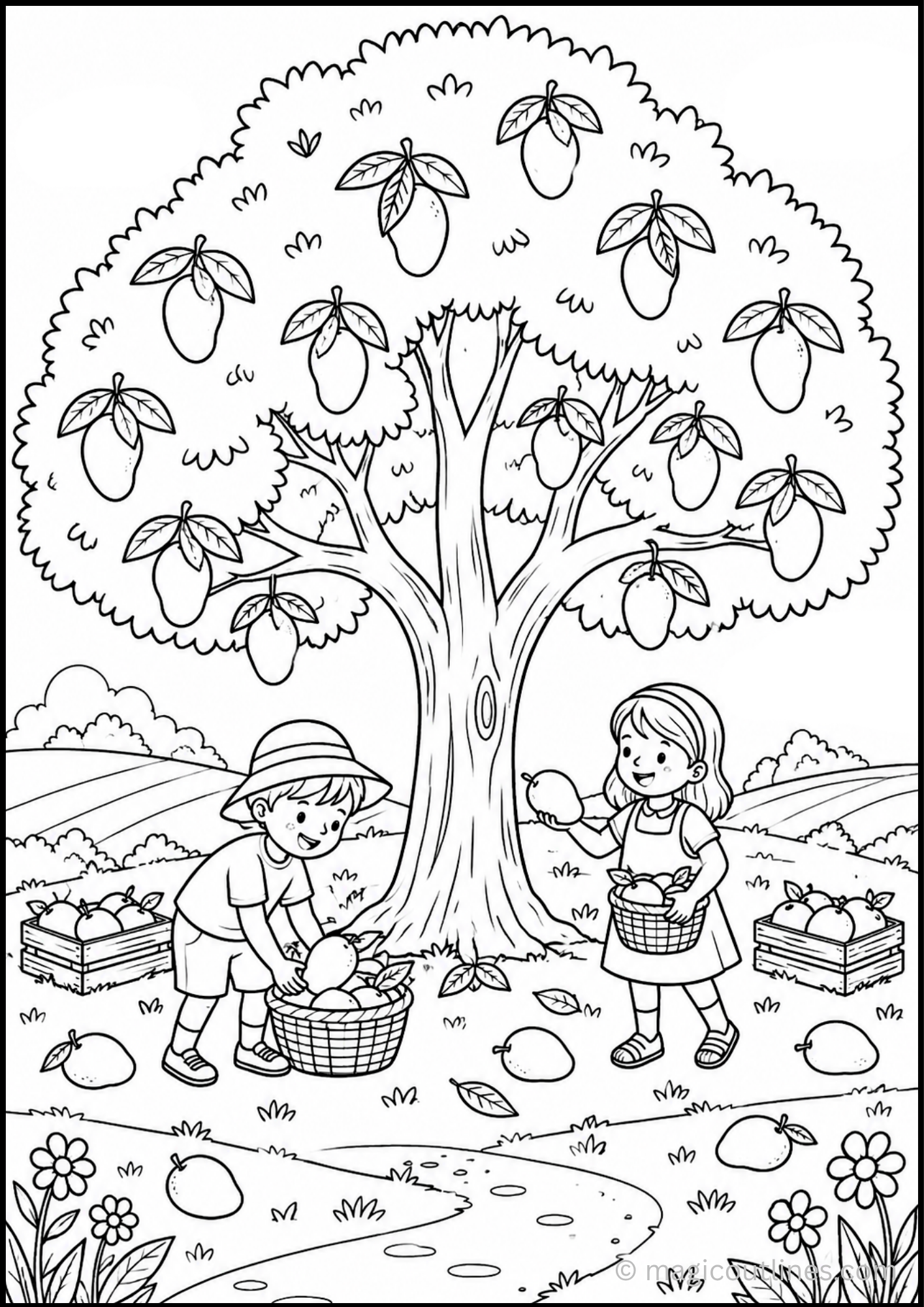 Mango harvest coloring page with children picking mangoes from a large mango tree