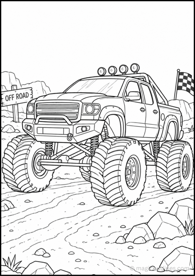 Monster Truck Coloring Page featuring a large truck with oversized tires and detailed vehicle parts
