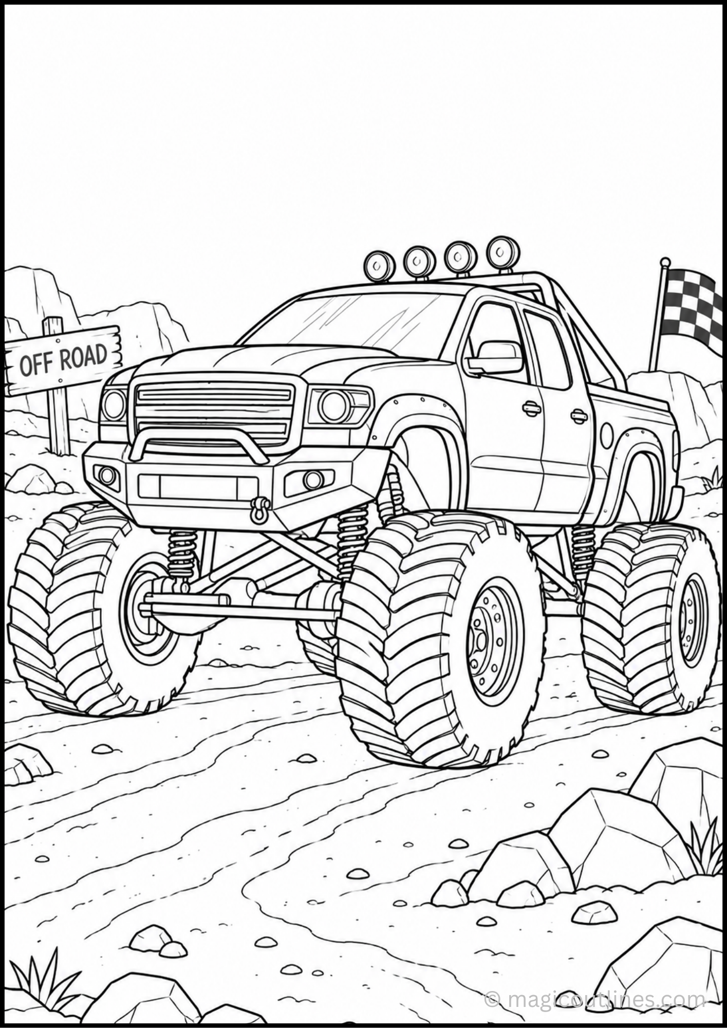 Monster Truck Coloring Page featuring a large truck with oversized tires and detailed vehicle parts