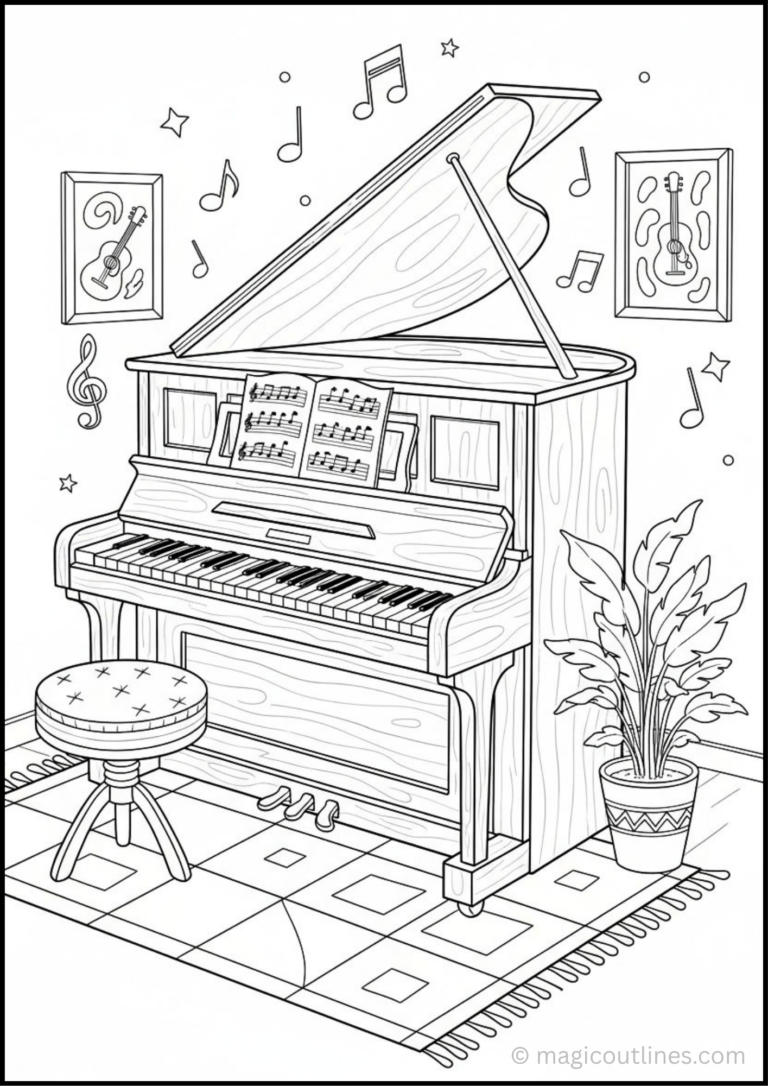 Piano coloring page for kids with music notes and sheet music