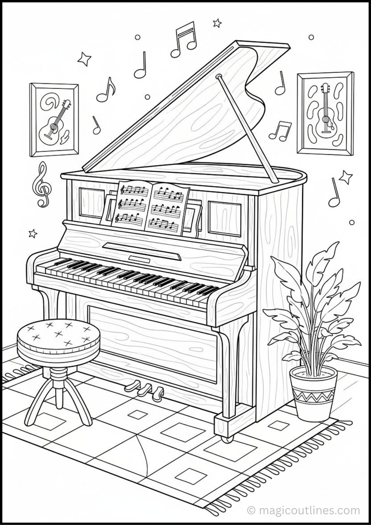 Piano coloring page for kids with music notes and sheet music