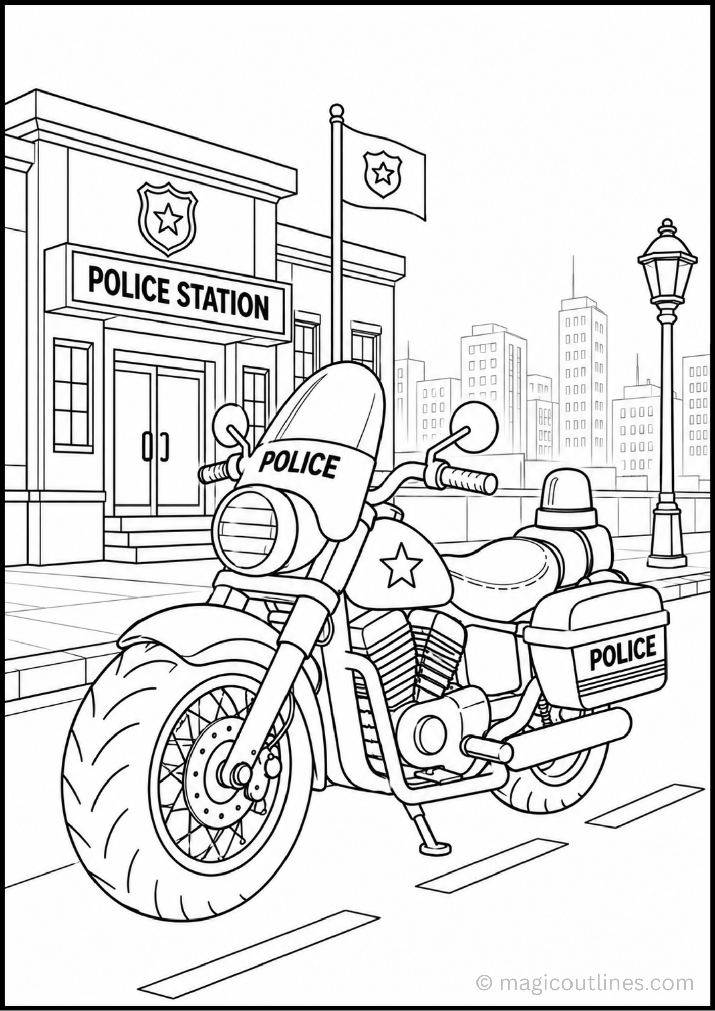 Police motorcycle coloring page showing a detailed police bike parked in front of a police station with city buildings, road markings, a police flag, and street lamp.