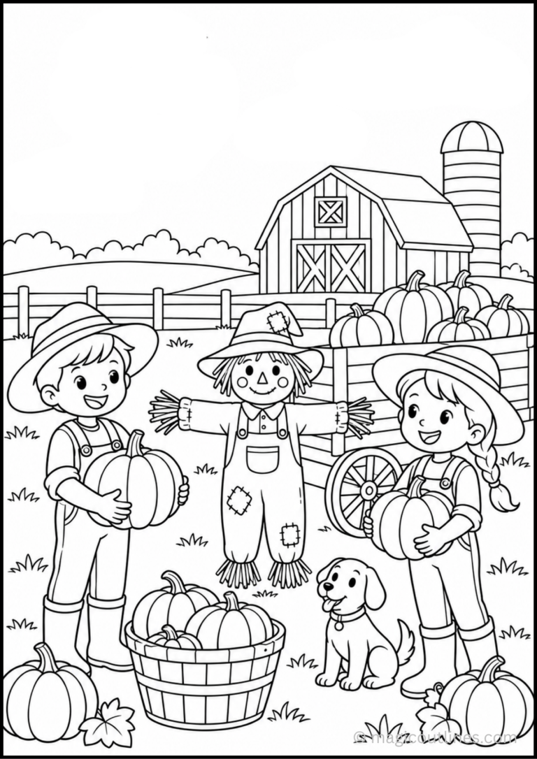 Pumpkin Harvest Coloring Page with children, scarecrow, pumpkins, barn, and farm dog
