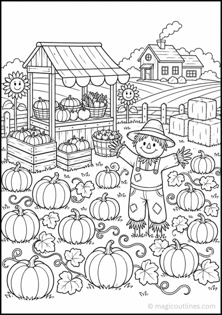 Pumpkin Patch Farm Coloring Page with pumpkins, farm, and autumn scenery for kids