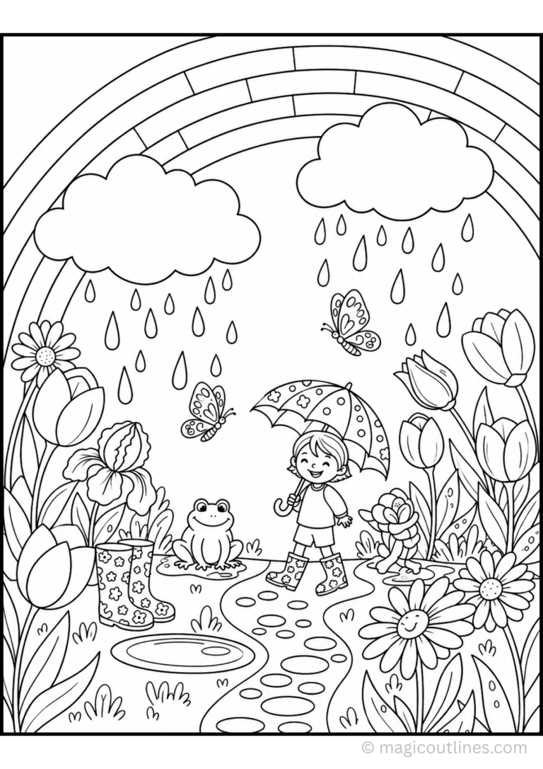 Rainy day rainbow garden coloring page featuring a child with an umbrella, colorful flowers, tulips, butterflies, a frog, rain clouds, raindrops, and a rainbow