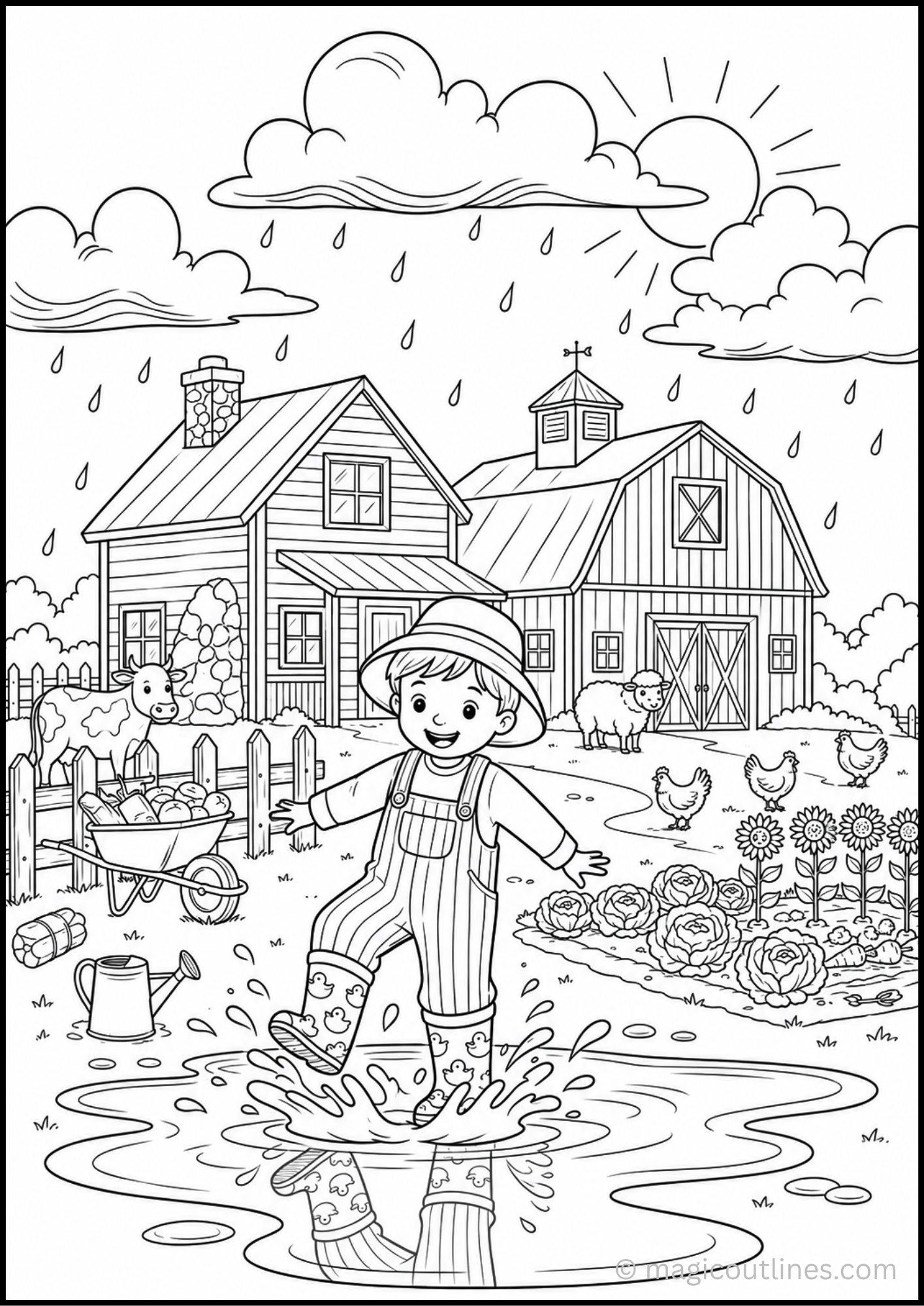 Rainy farm- coloring page featuring a happy child in rain boots splashing in a puddle, with a cow, sheep, chickens, barn, farmhouse, flowers, and rainy clouds.