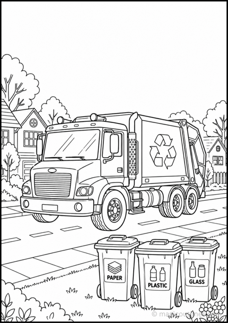 Recycling Truck Coloring Page showing a recycling truck on a neighborhood road with paper, plastic, and glass recycling bins.