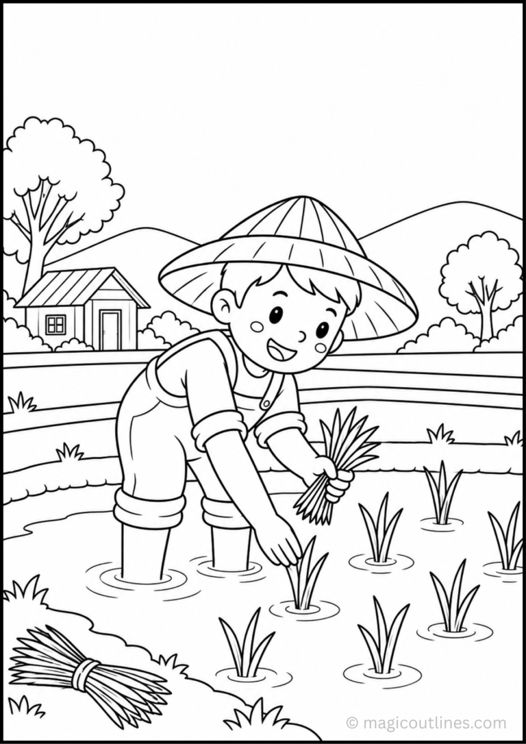Rice Planting Coloring Page showing a young farmer planting rice in a field with a farmhouse, trees, and hills.