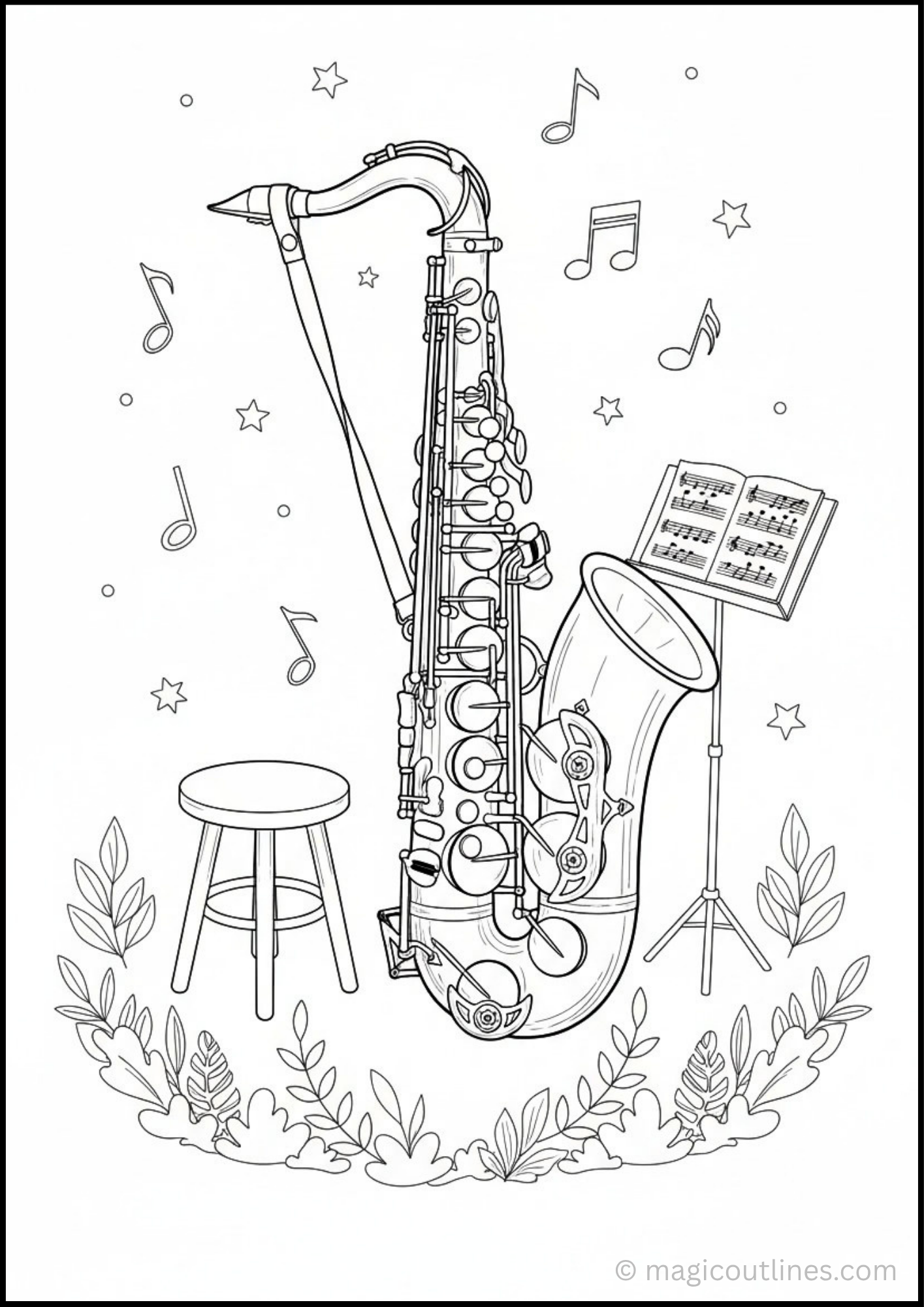 Saxophone coloring page with music notes and sheet music
