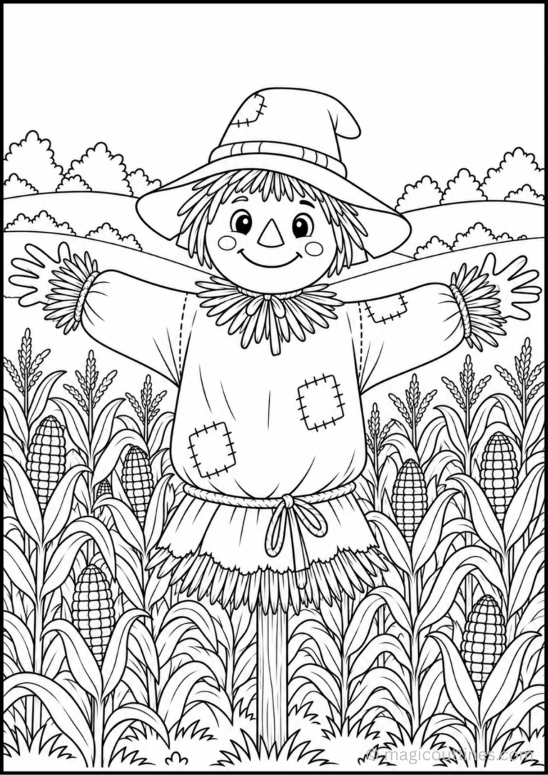 Scarecrow in Cornfield Coloring Page featuring a cheerful scarecrow surrounded by corn plants on a farm