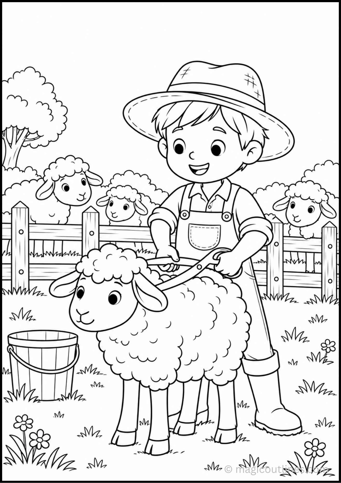 Little Gardener Coloring Page showing a child planting seeds in a farm garden with vegetables, watering can, fence, and barn