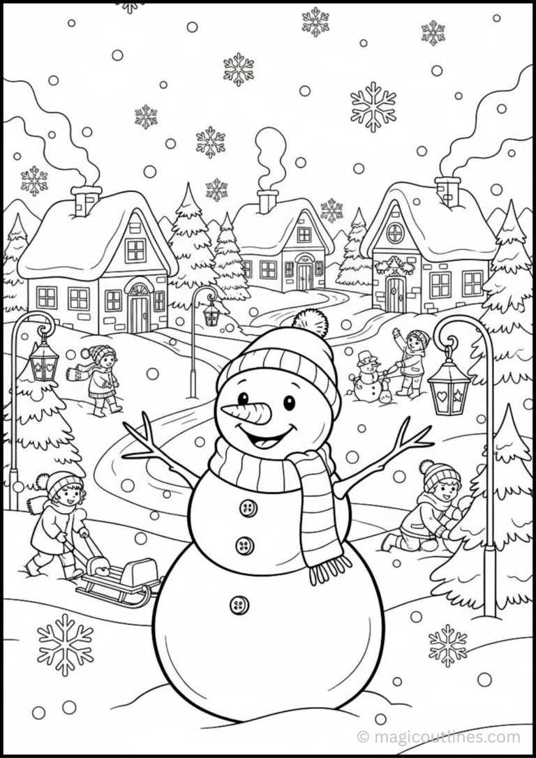 Snowman winter cabin coloring page with snowy mountains and pine trees