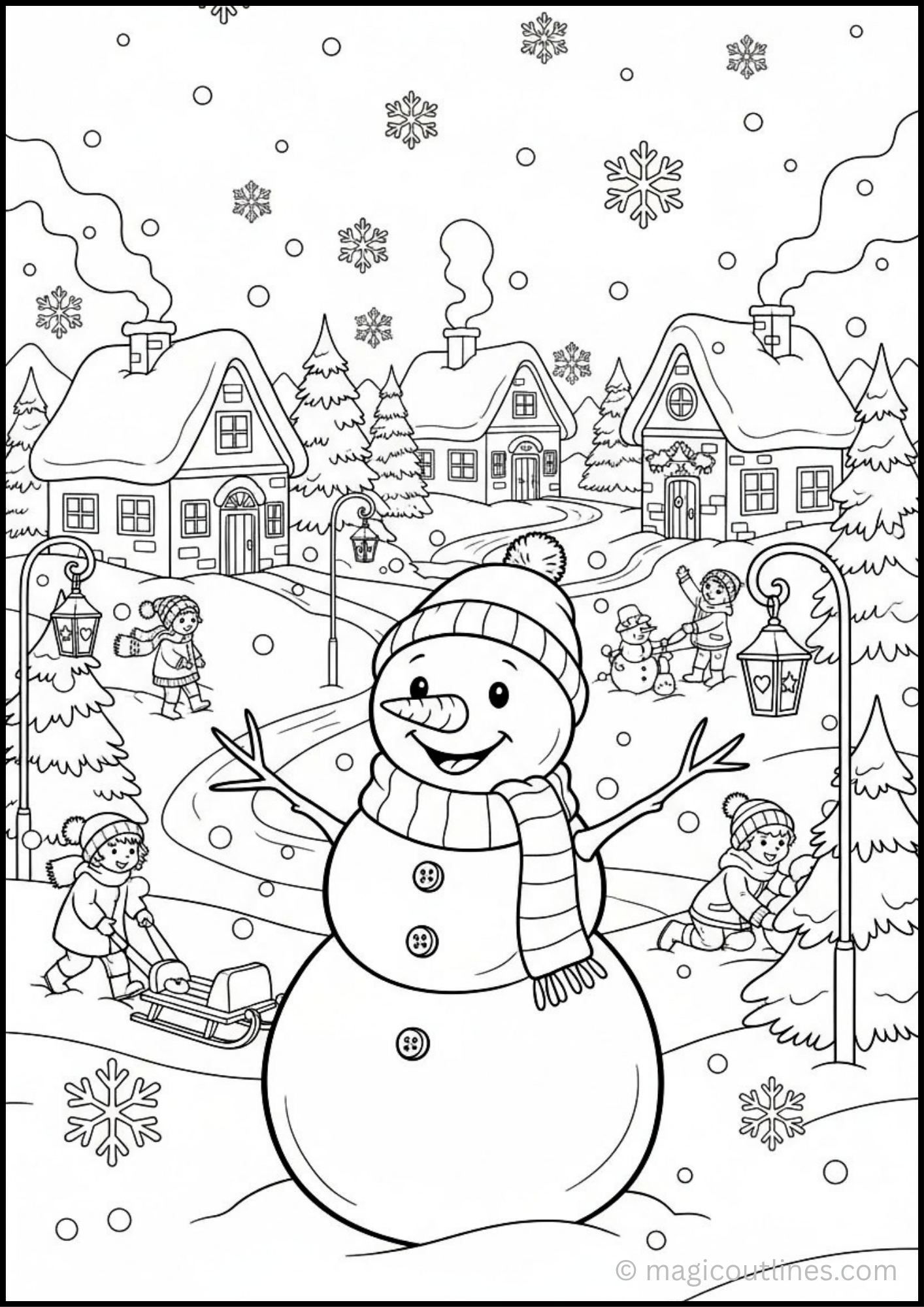 Snowman winter cabin coloring page with snowy mountains and pine trees