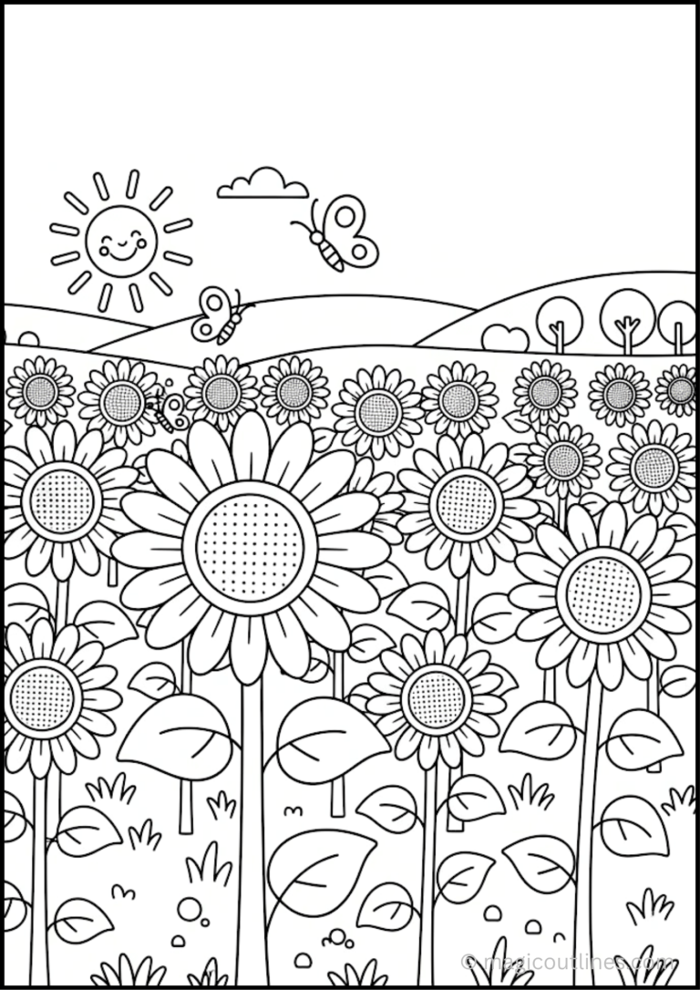 Sunflower Meadow Coloring Page with sunflowers, butterflies, hills, and trees