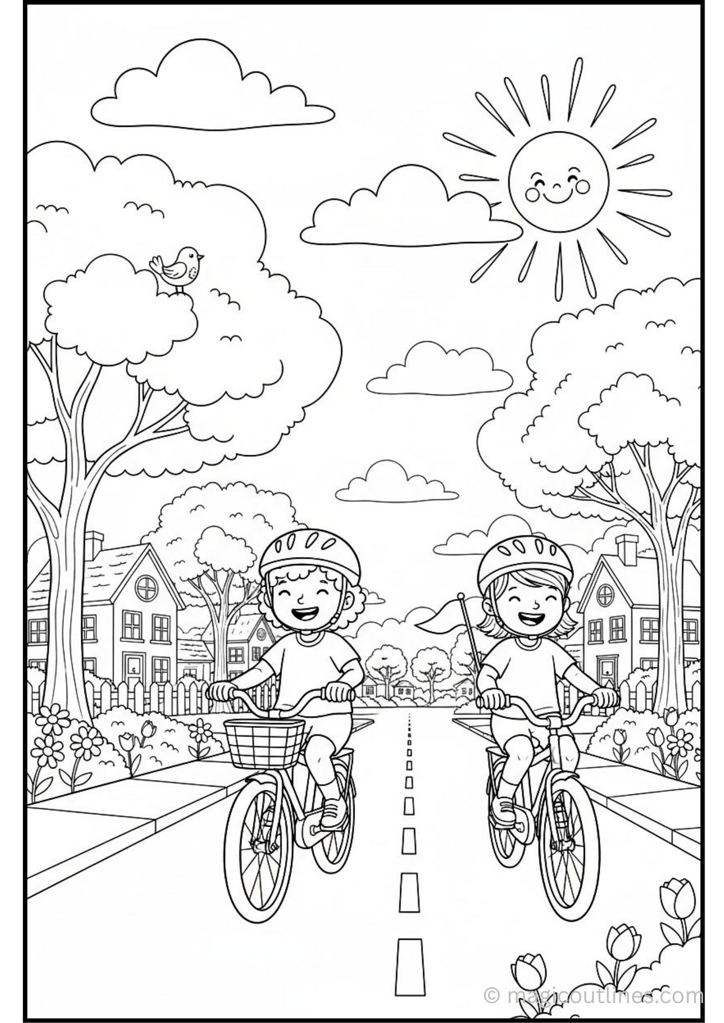 Sunny Spring Day Coloring Page featuring two children riding bicycles along a neighborhood street with trees, flowers, houses, birds, and a smiling sun.