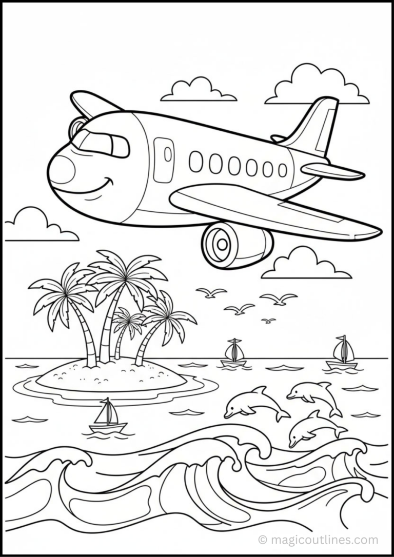 Tropical Airplane Adventure Coloring Page featuring an airplane, tropical island, palm trees, dolphins, boats, and ocean waves
