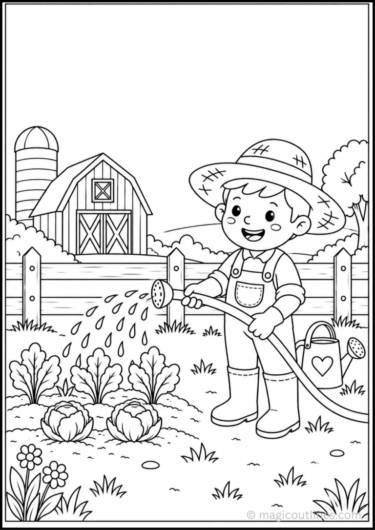 Watering Plants Coloring Page featuring a young gardener caring for plants in a farm garden.