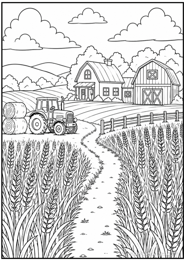 Wheat farm coloring page with tractor, hay bales, farmhouse, barn, fence, and wheat field