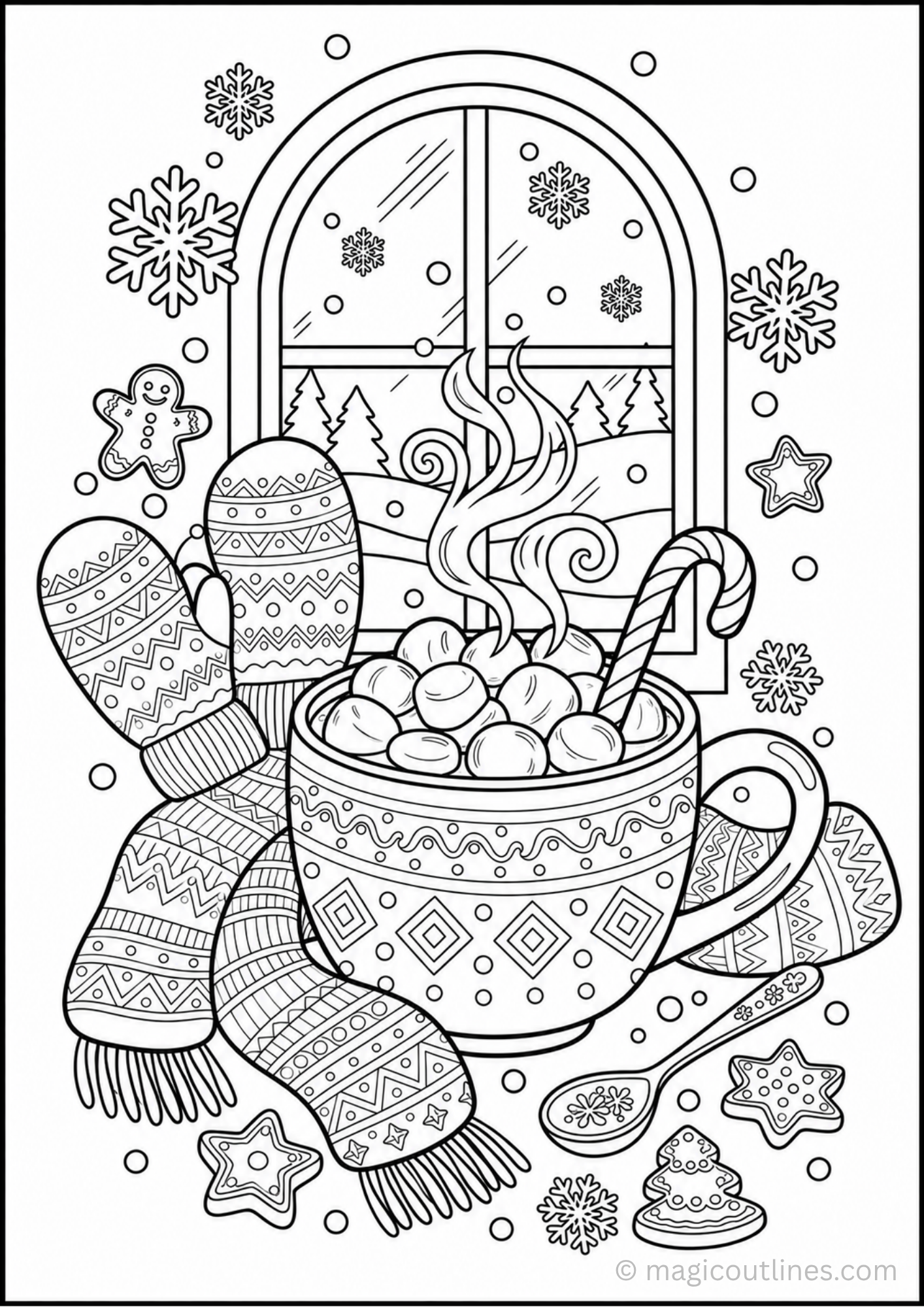 Winter Hot Chocolate Coloring Page with marshmallows, candy cane, mittens and snowy window