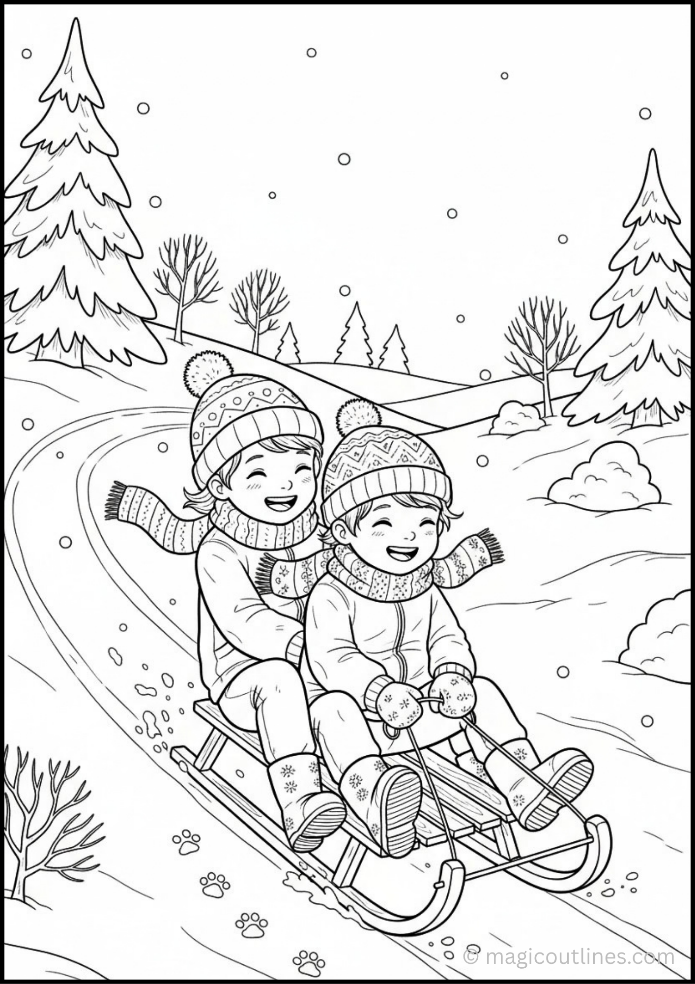 Winter Sledding Adventure Coloring Page showing two children riding a sled through the snow