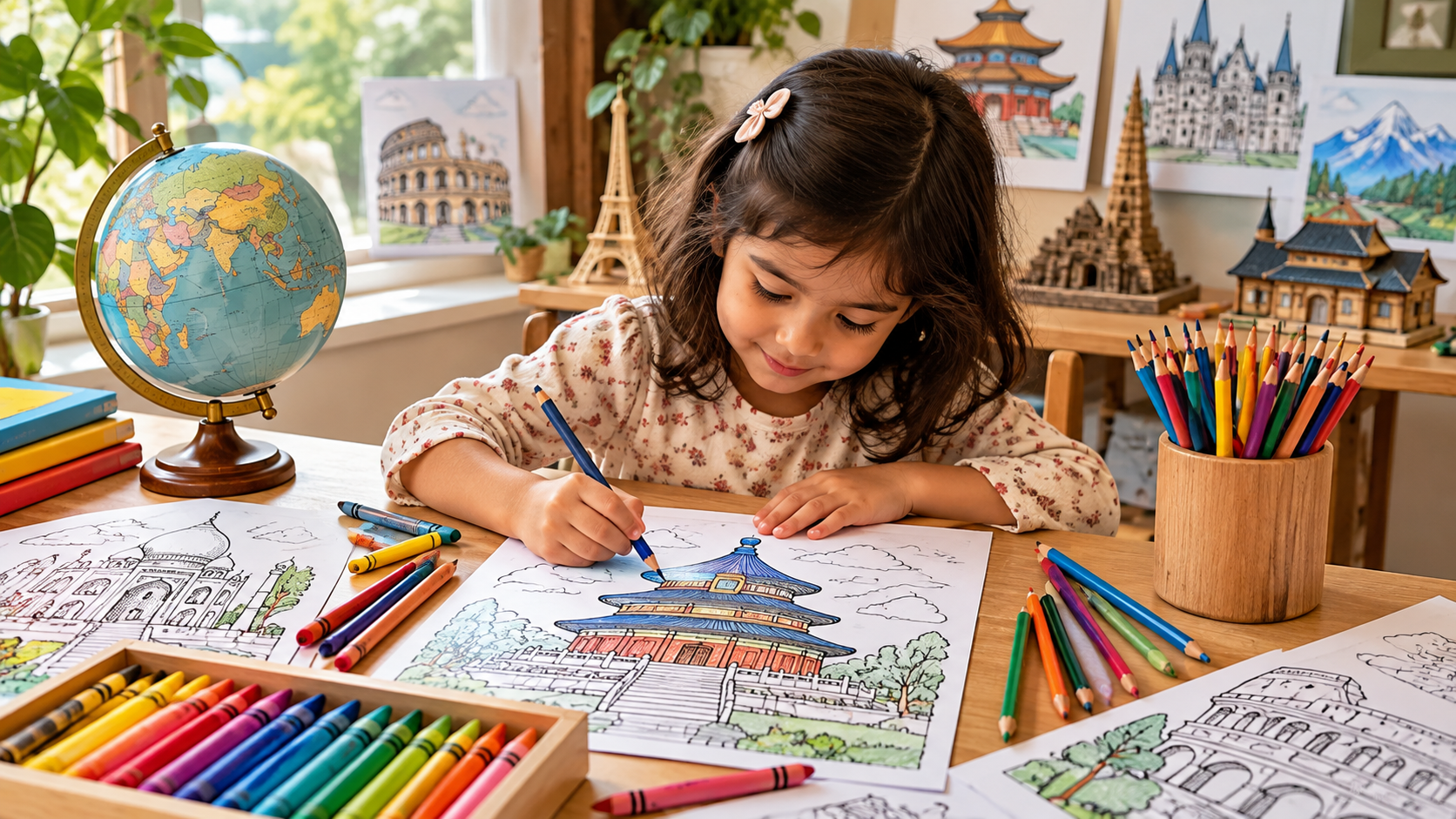 Child coloring architecture coloring pages with a globe and world landmarks