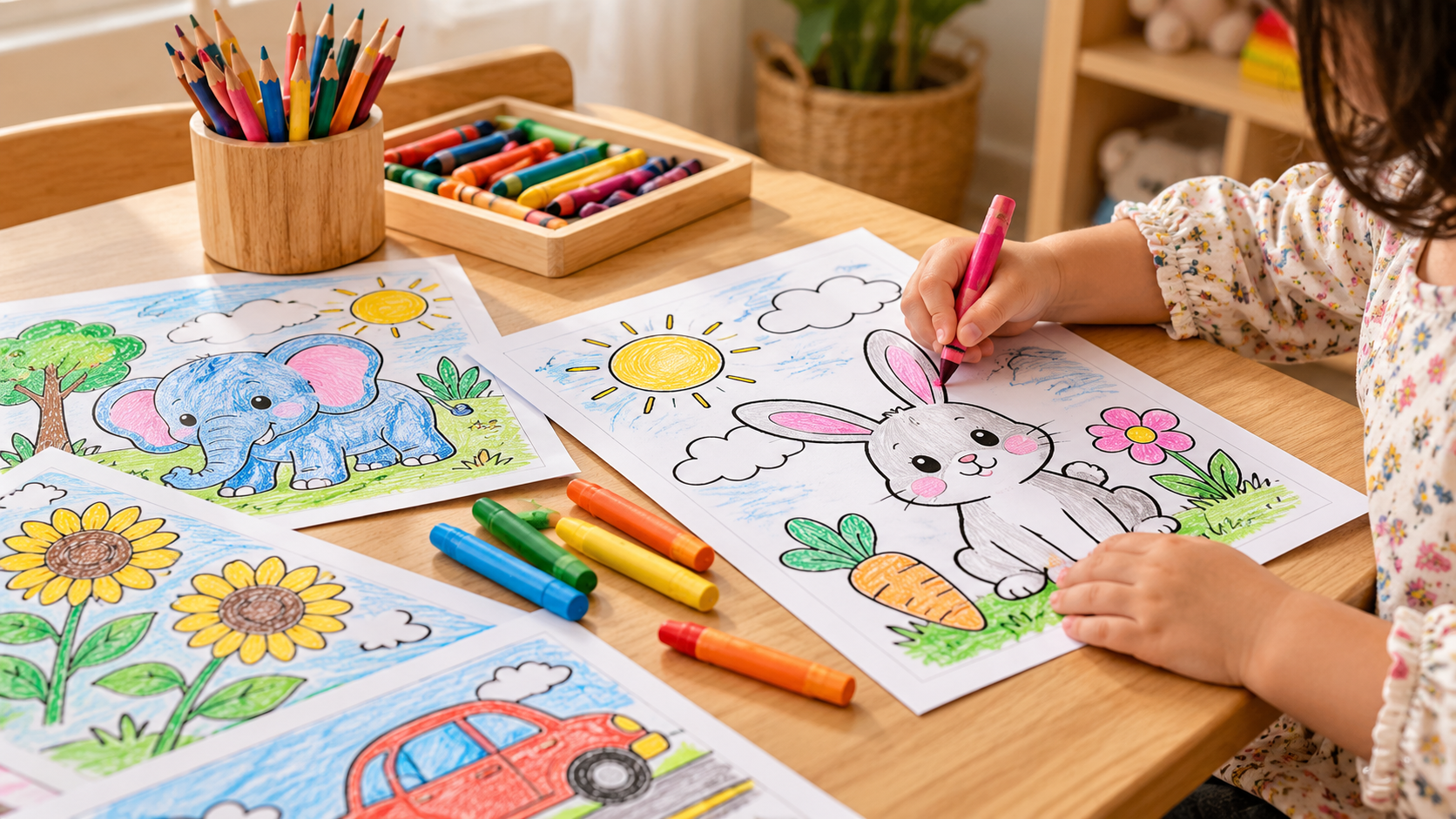 Child coloring a simple printable coloring page with crayons