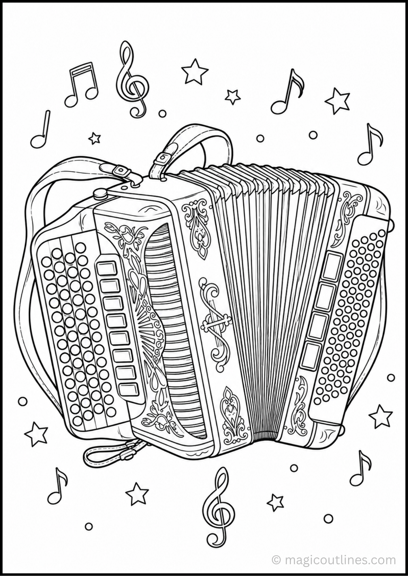 Accordion coloring page with musical notes, stars, buttons, and detailed bellows
