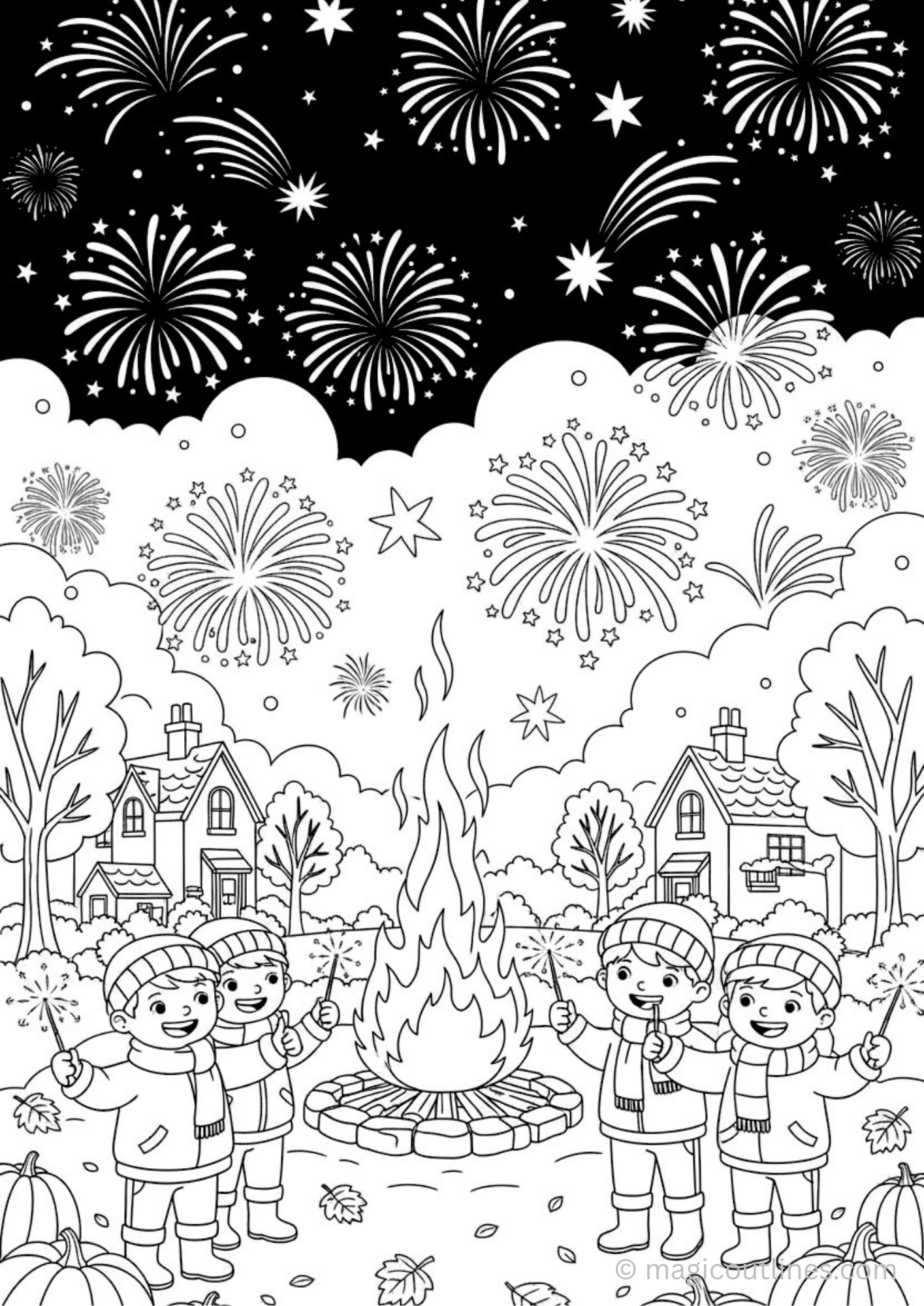 Guy Fawkes Night coloring page bonfire fireworks kids printable