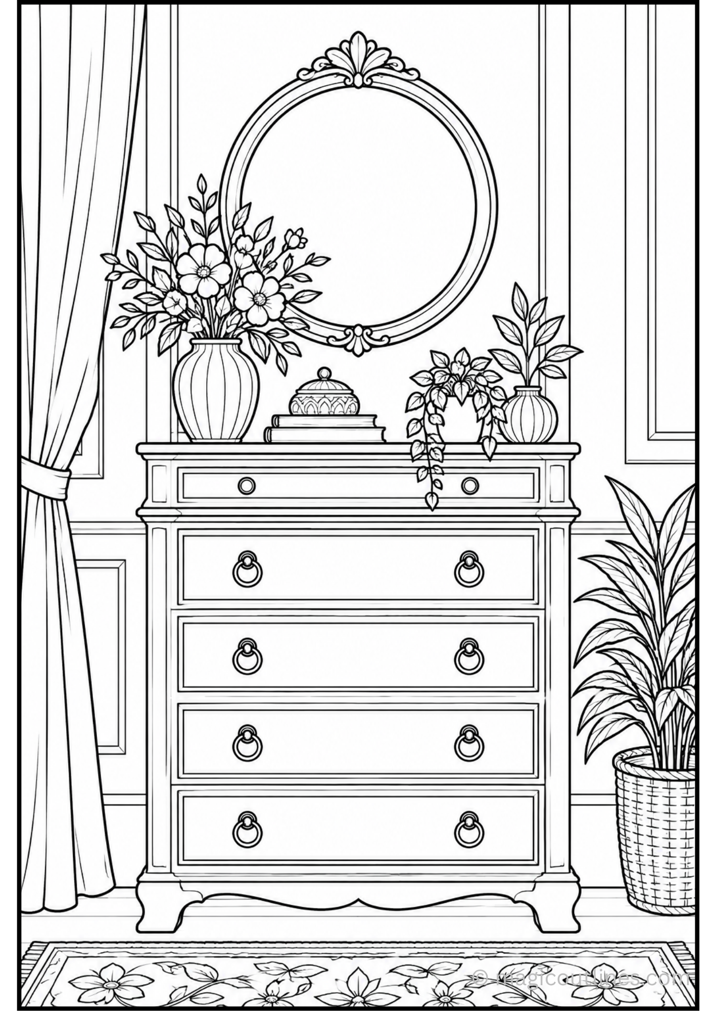 Antique chest of drawers coloring page with an ornate round mirror, flower vases, decorative plants, and a patterned rug.
