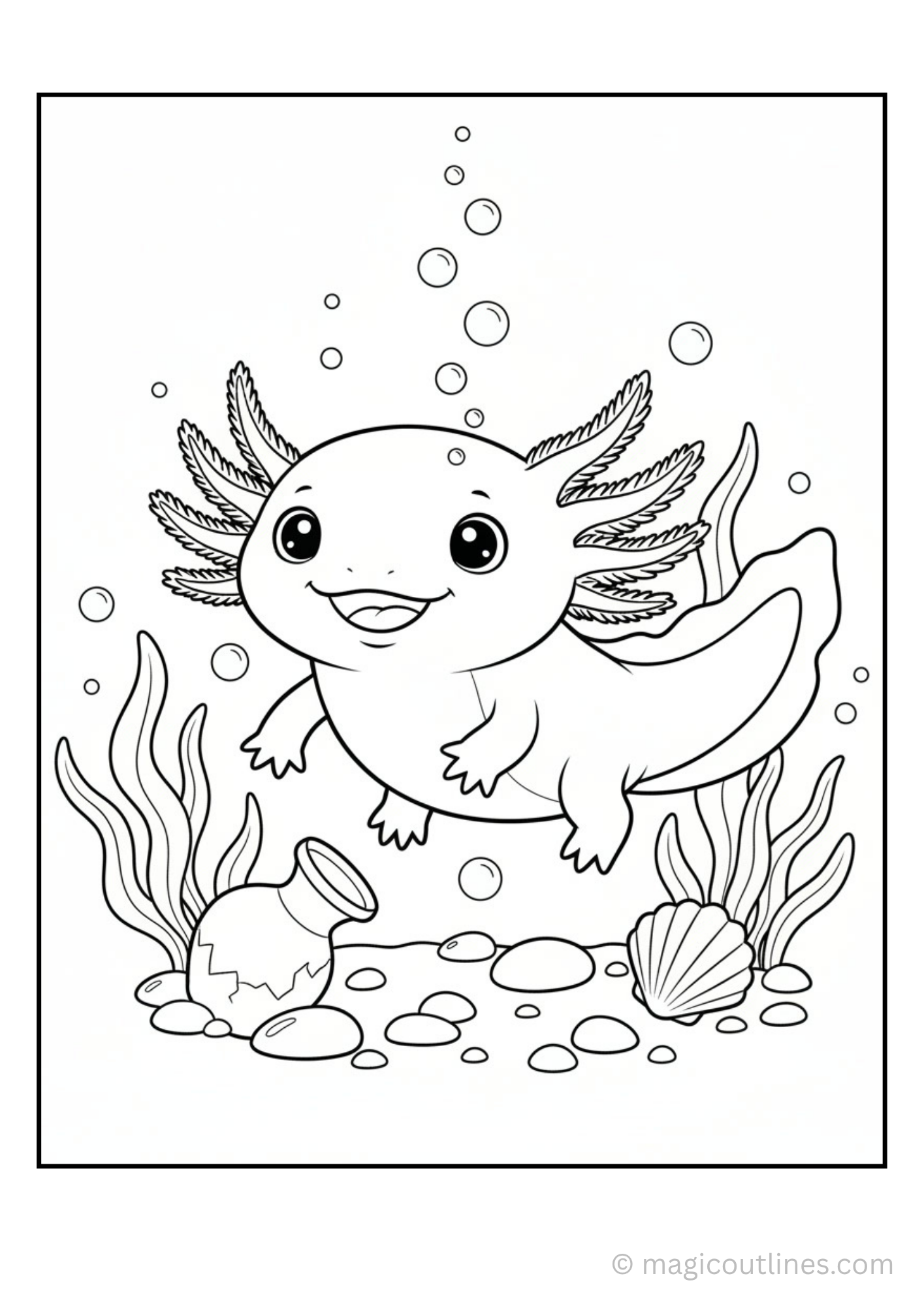 Axolotl coloring page featuring a cute aquatic animal with feathery external gills.