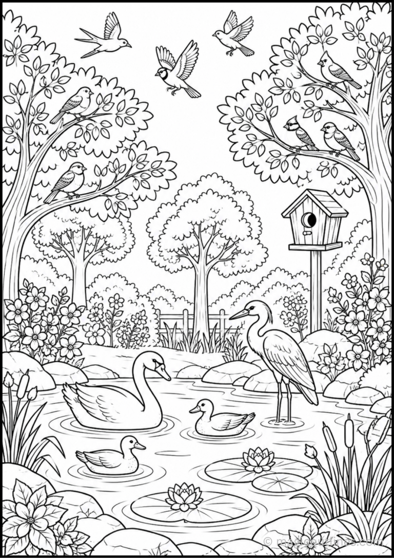 Bird sanctuary coloring page with flying birds, songbirds on tree branches, swans, ducks, a heron, pond, lily pads, flowers, and a birdhouse