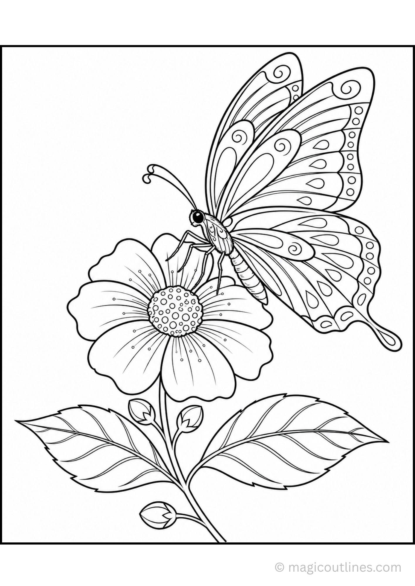 Butterfly on a Flower Coloring Page with patterned wings and blooming flower
