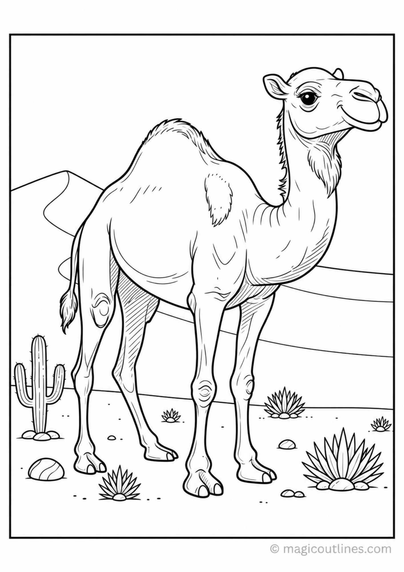Camel coloring page featuring a standing camel in a desert landscape with sand dunes, cactus, rocks, and desert plants.