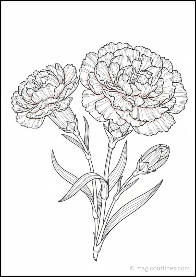 Carnation Flower Coloring Page with detailed ruffled petals