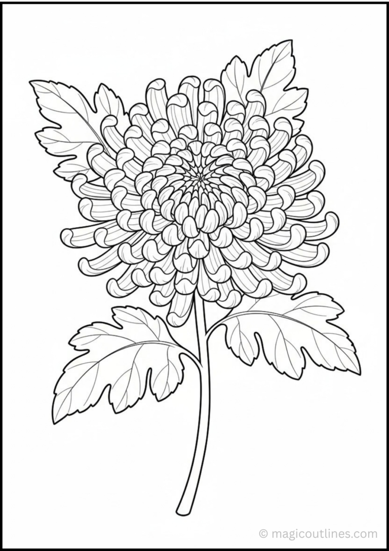 Chrysanthemum flower coloring page with detailed layered petals, leaves, and a clean printable design