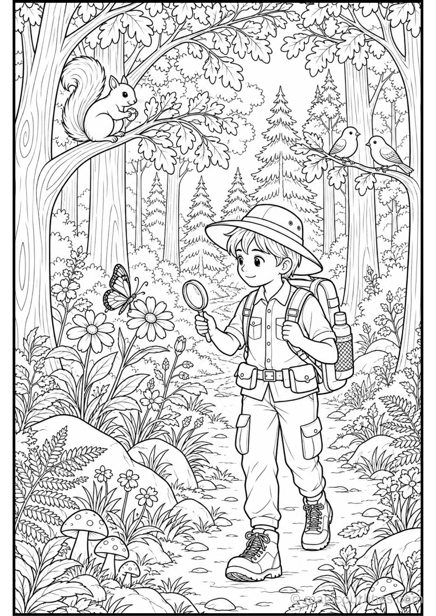 Forest explorer coloring page featuring a young explorer with a magnifying glass, woodland animals, trees, mushrooms, and flowers