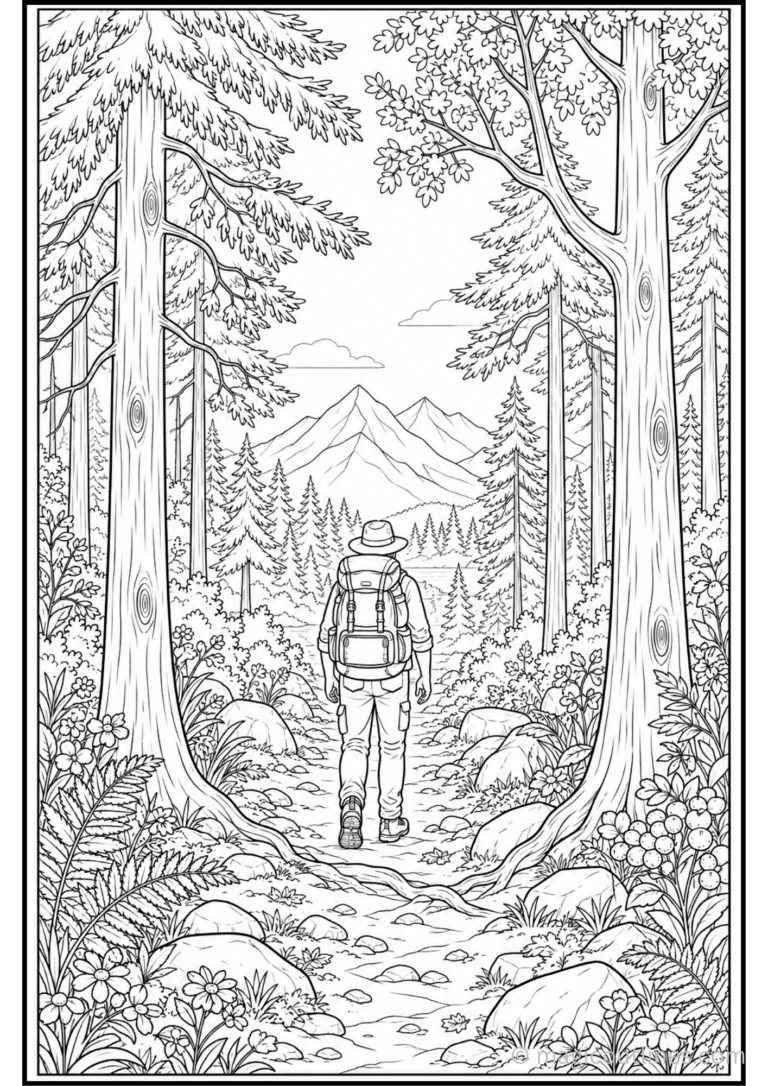 Forest hiking coloring page with a hiker walking on a forest trail toward mountains surrounded by trees and plants.