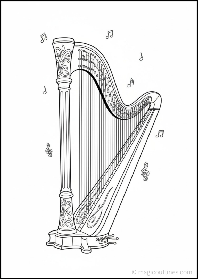 Detailed harp musical instrument coloring page with decorative patterns, strings, music notes, and treble clef symbols.