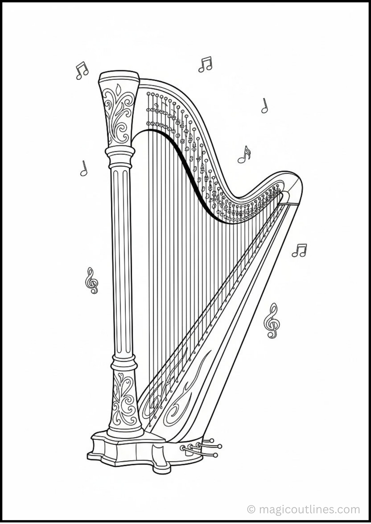 Detailed harp musical instrument coloring page with decorative patterns, strings, music notes, and treble clef symbols.