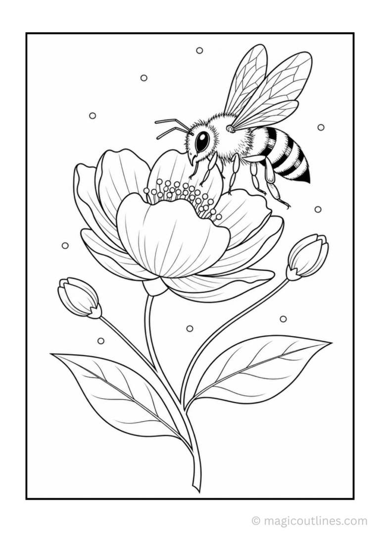 Honeybee and flower coloring page featuring a striped bee with delicate wings collecting nectar from a blooming flower with leaves and buds.