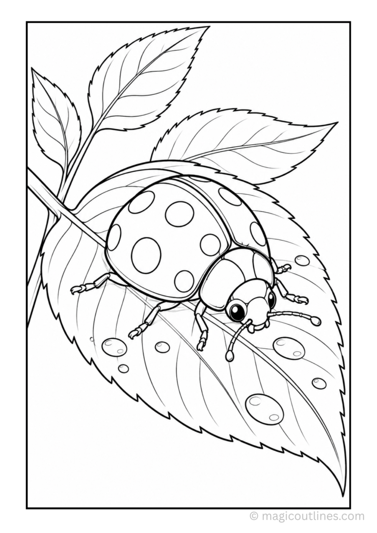 Cute spotted ladybug resting on a large veined leaf with small dewdrops coloring page