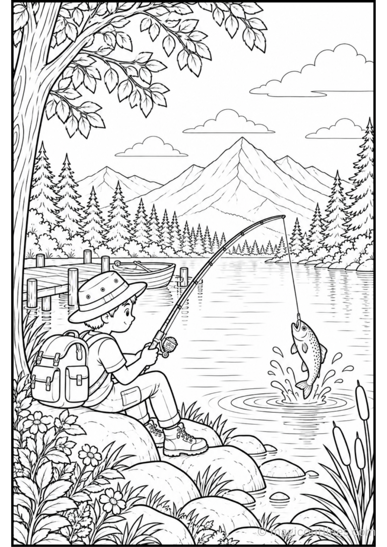 Lake fishing coloring page showing a boy with a hat and backpack fishing beside a mountain lake as a fish jumps out of the water.