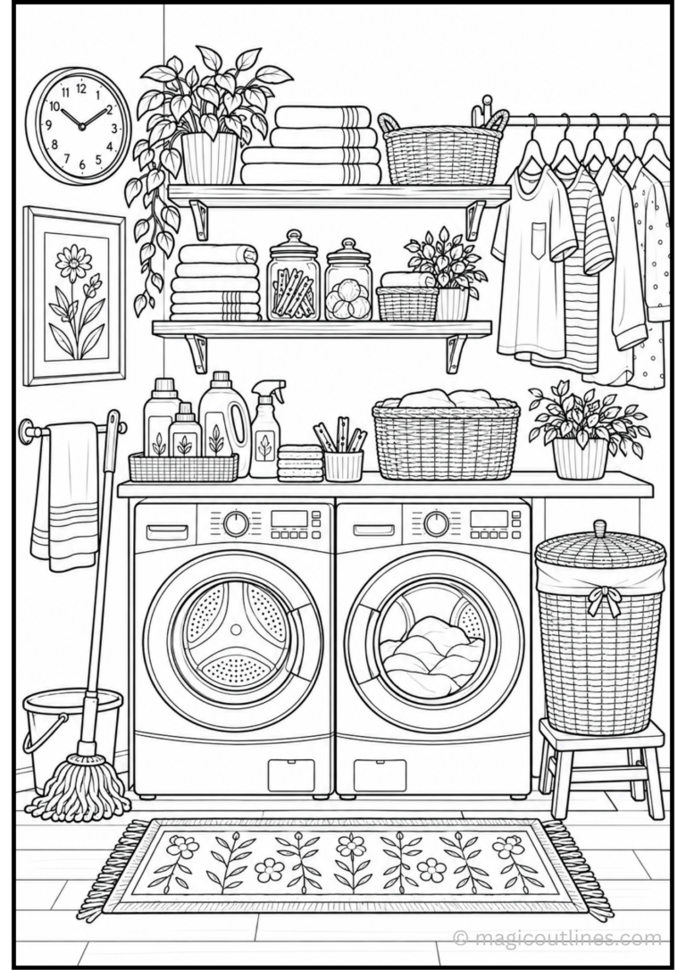 Laundry room coloring page with washer and dryer, folded towels, hanging clothes, laundry baskets, potted plants, and a floral rug.