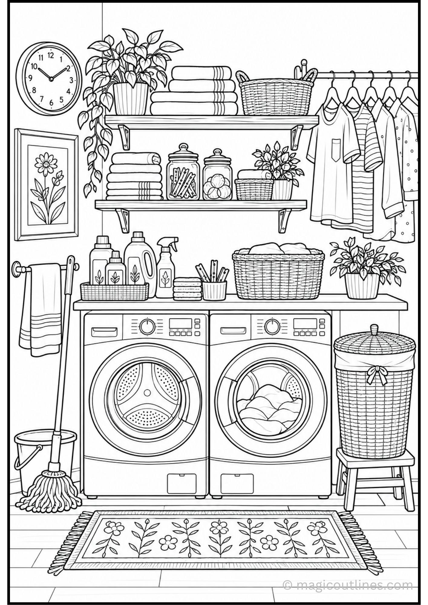 Laundry room coloring page with washer and dryer, folded towels, hanging clothes, laundry baskets, potted plants, and a floral rug.