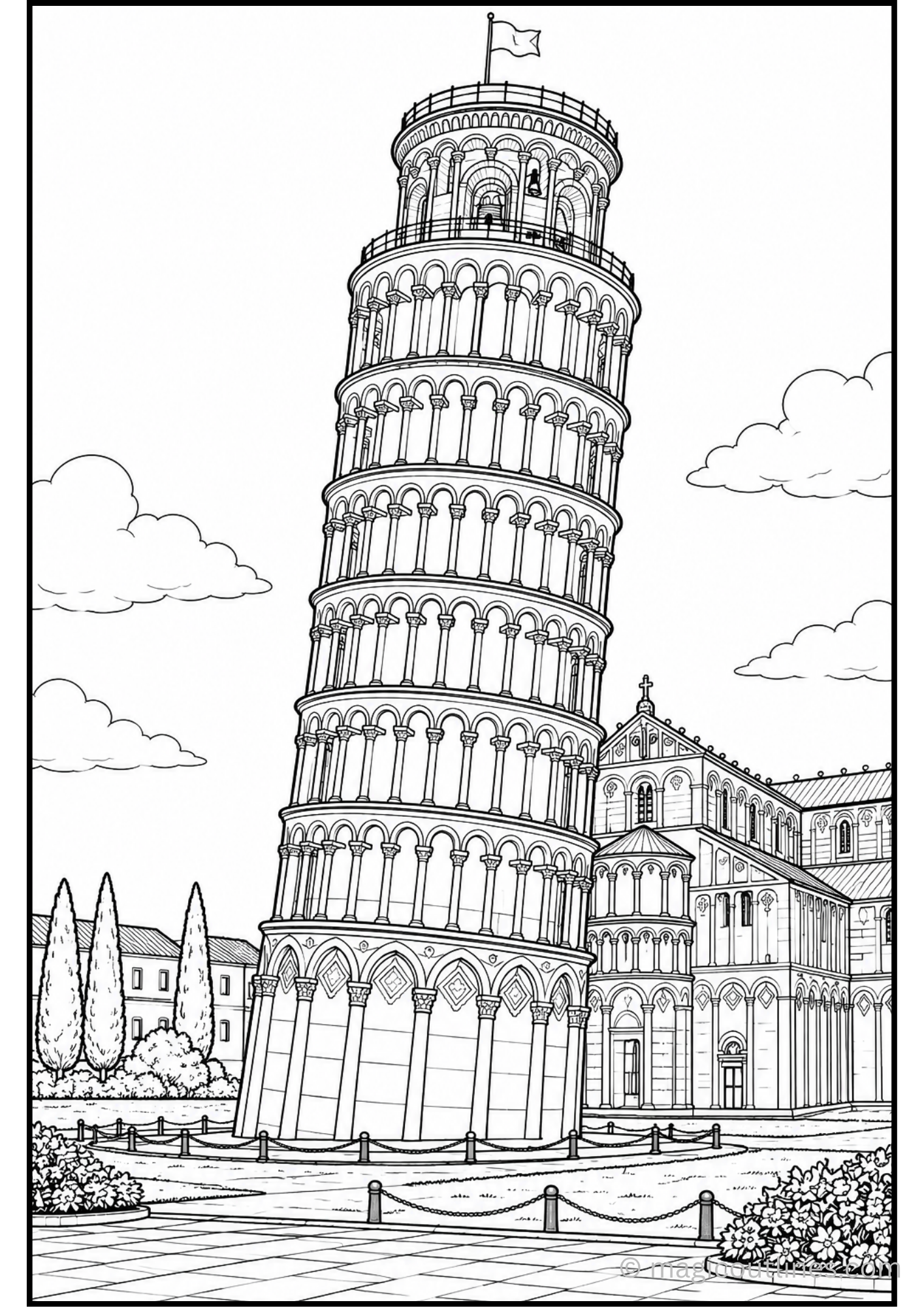 Leaning Tower of Pisa coloring page with the cathedral, cypress trees, clouds, and a paved plaza