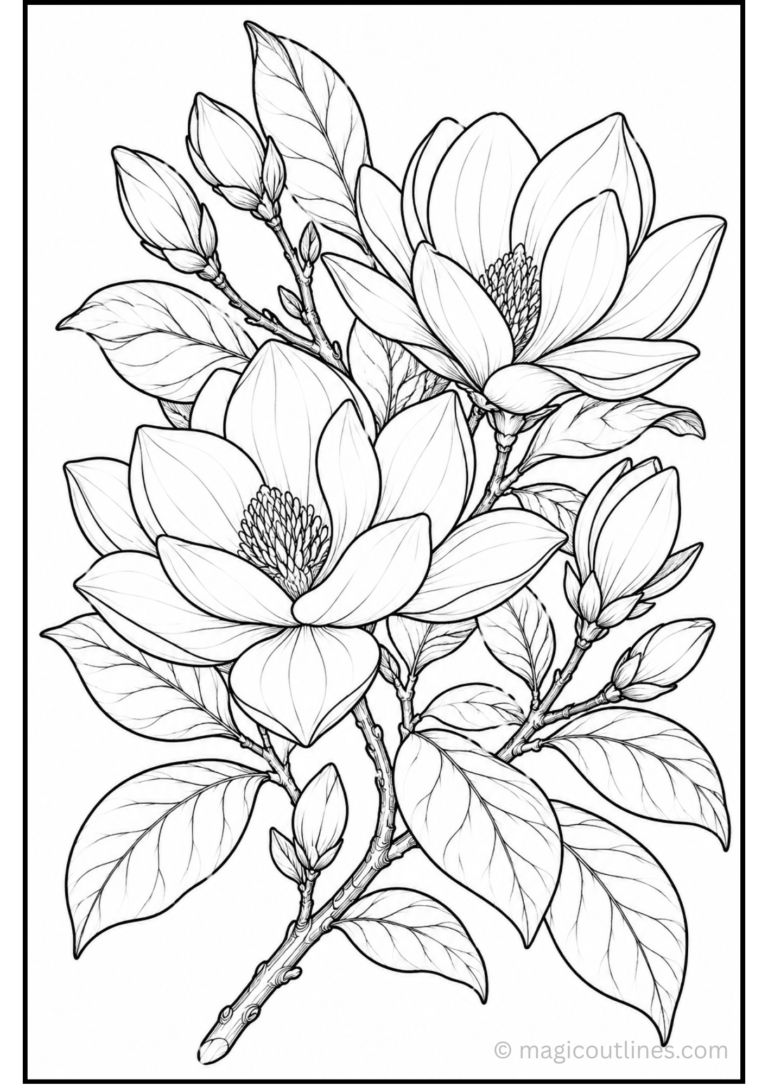 Magnolia flower coloring page with detailed blossoms, leaves, and stems for kids