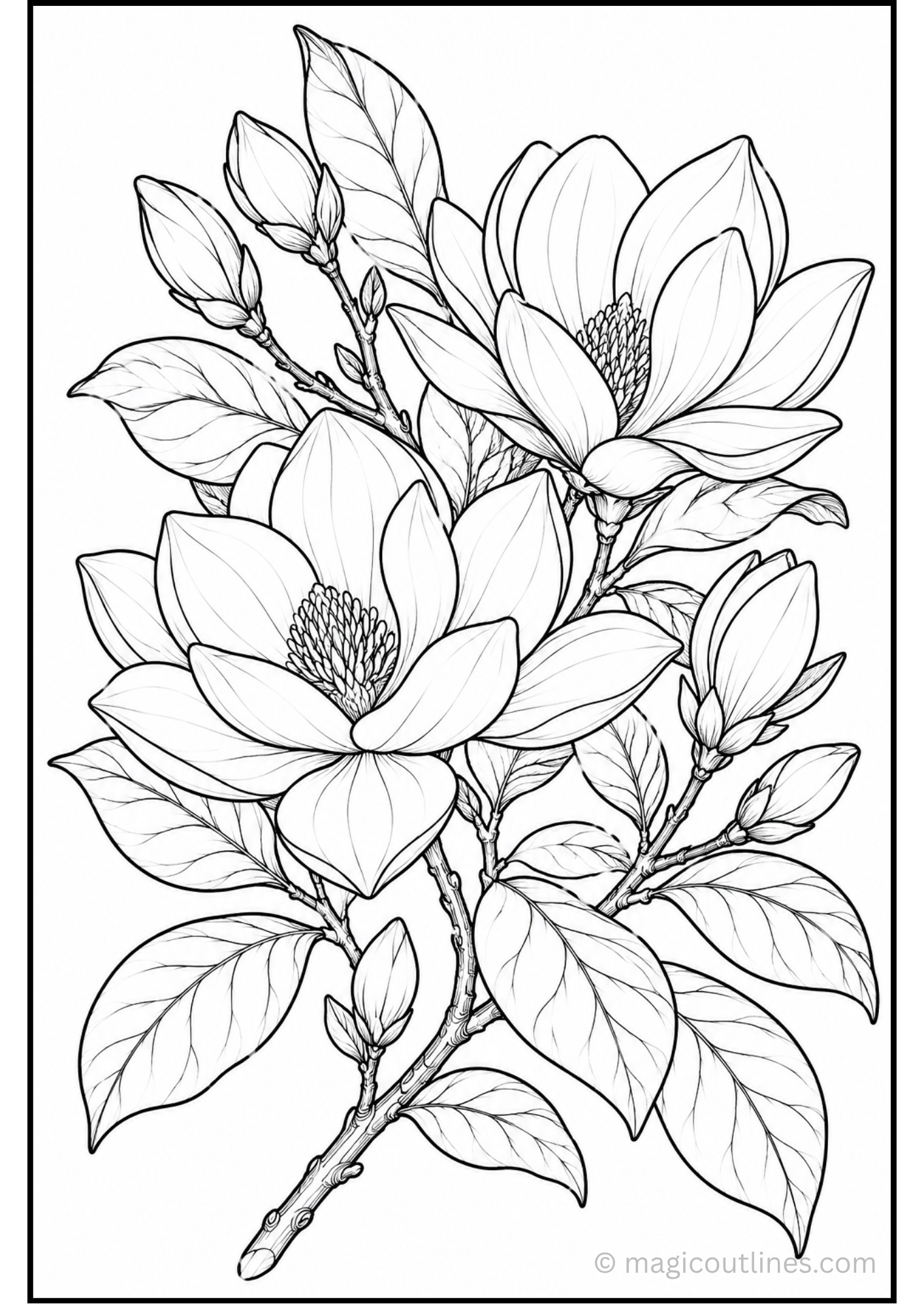 Magnolia flower coloring page with detailed blossoms, leaves, and stems for kids
