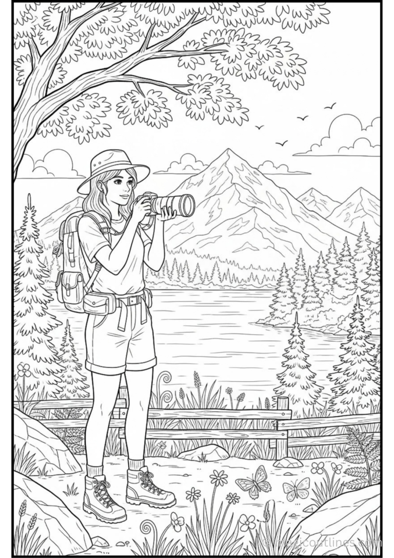 Nature photography coloring page featuring a woman with a camera photographing a mountain lake surrounded by trees, flowers, and mountains.