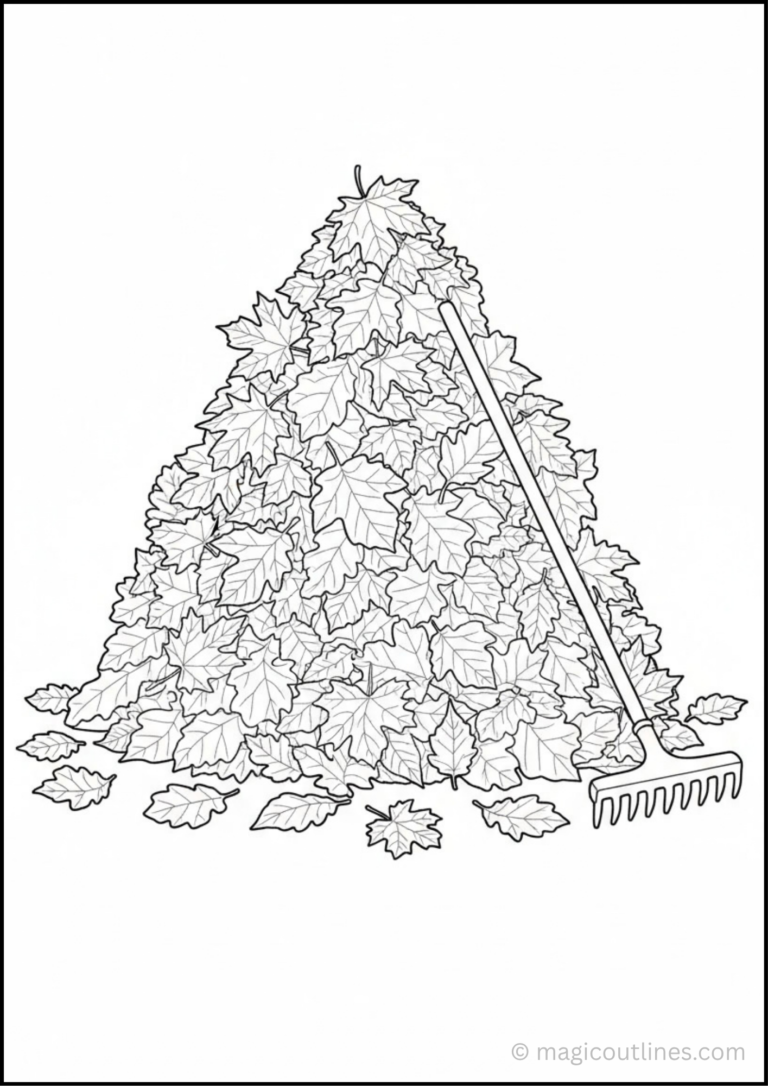 Raking leaves coloring page with a large pile of autumn leaves and a garden rake
