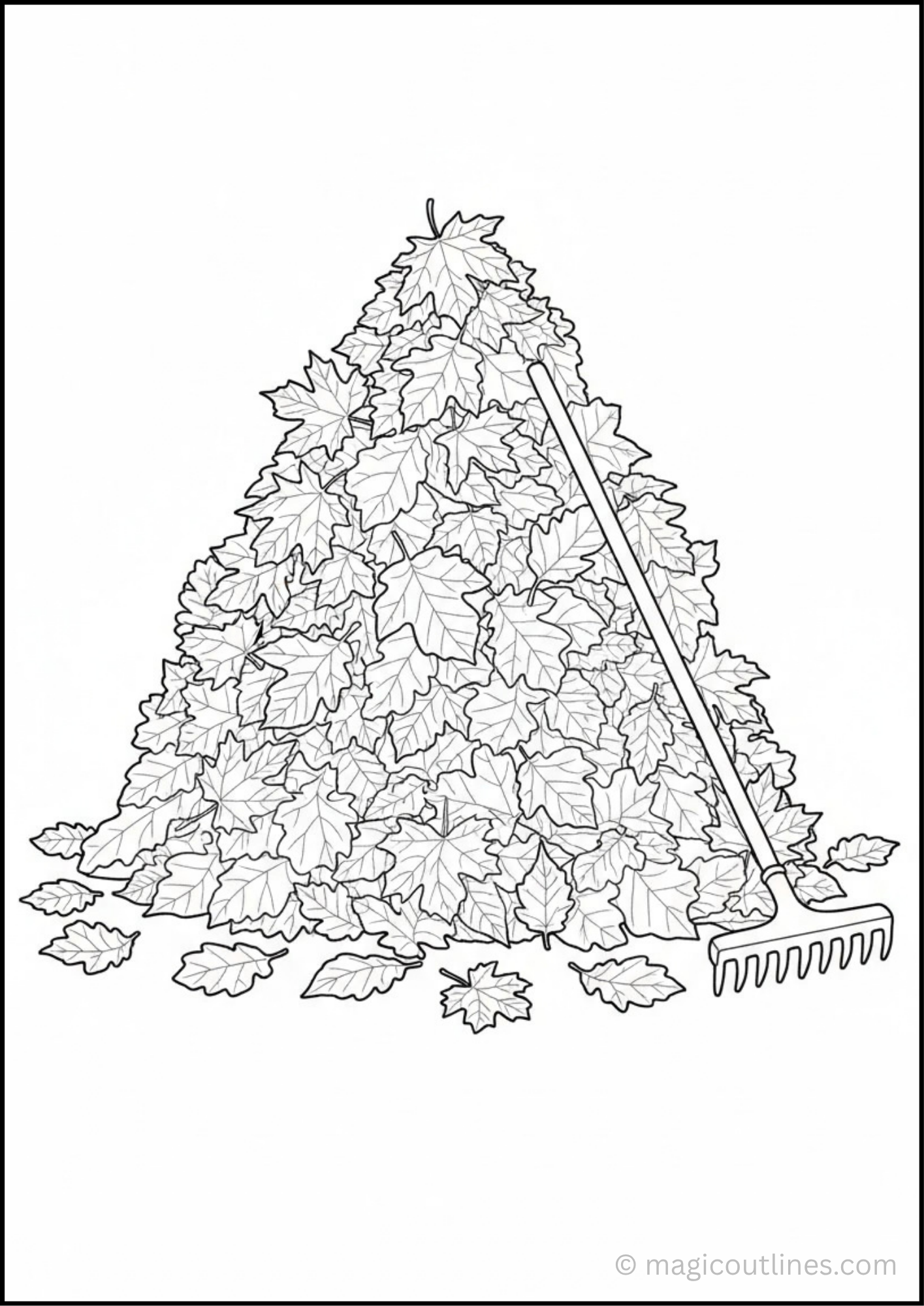 Raking leaves coloring page with a large pile of autumn leaves and a garden rake